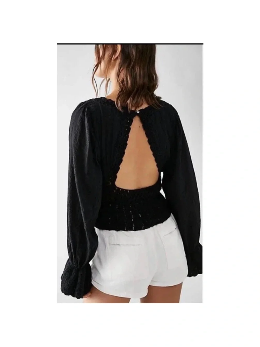 Free People Black Crochet Peplum Long Sleeve Open Back Blouse - Size XS